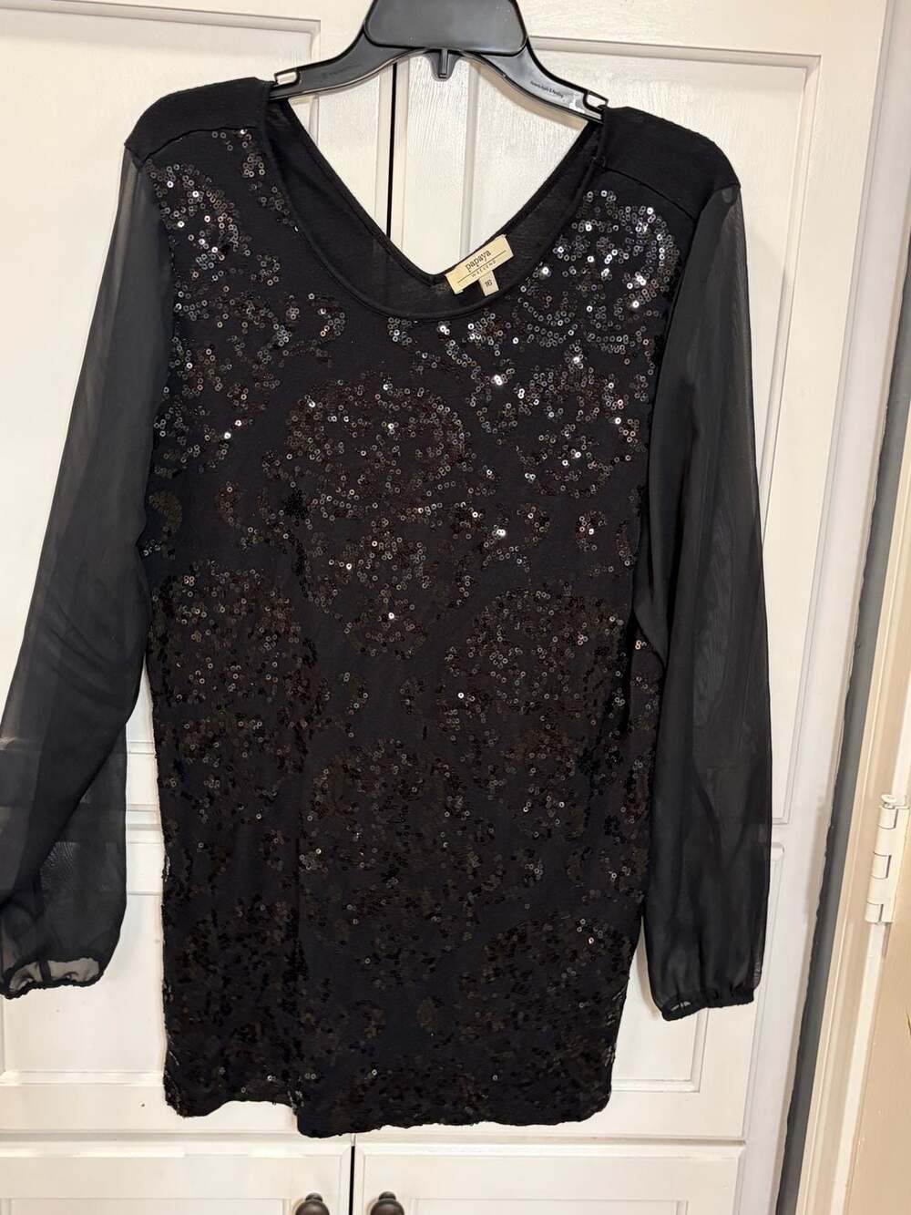 Papaya Weekend Sequin Top Size 16 Black Sheer Sleeve Blouse Shirt